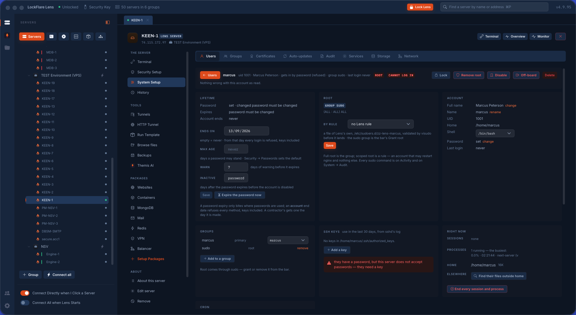 An account's own page in LockFlare Lens: its lifetime, how it gets in, how far its root reaches, its groups and its activity