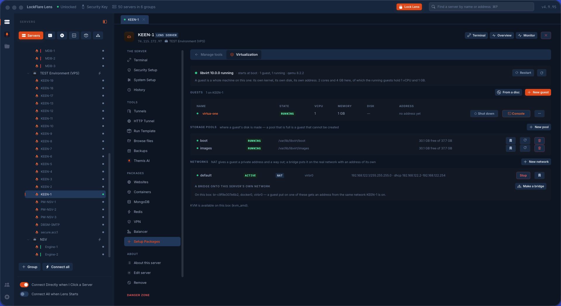 The Virtualization tool in Lens: KVM guests as whole machines, their state, disks and networks