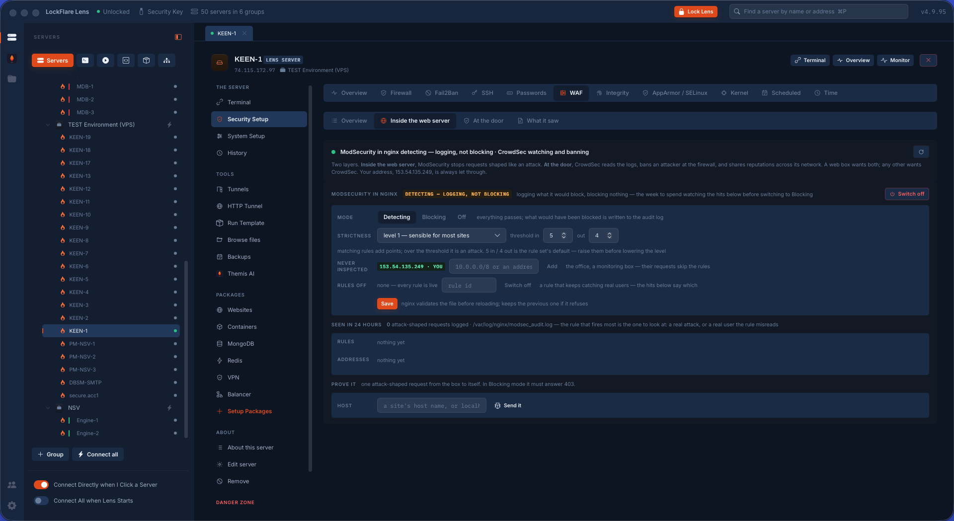 ModSecurity with the OWASP Core Rule Set in LockFlare Lens: the paranoia level and anomaly thresholds, one form per web server